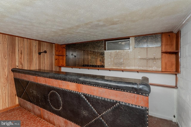 bar with ornamental molding, a textured ceiling, and wooden walls