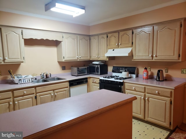 kitchen featuring sink, ornamental molding, white dishwasher, gas stove, and light brown cabinets