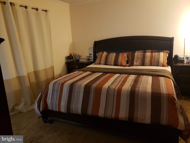 bedroom with dark colored carpet