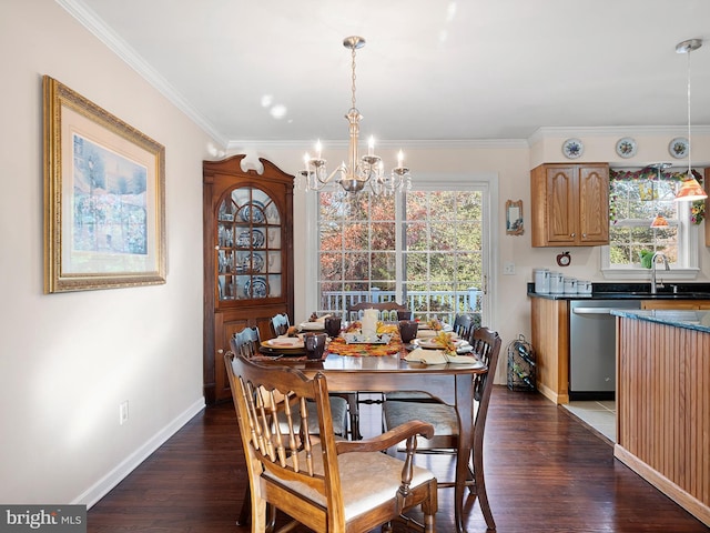 dining area featuring sink, a healthy amount of sunlight, and dark hardwood / wood-style floors