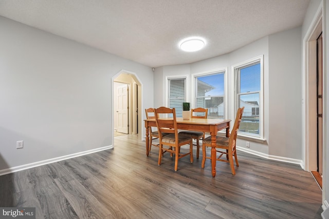 dining room featuring a textured ceiling and dark hardwood / wood-style floors