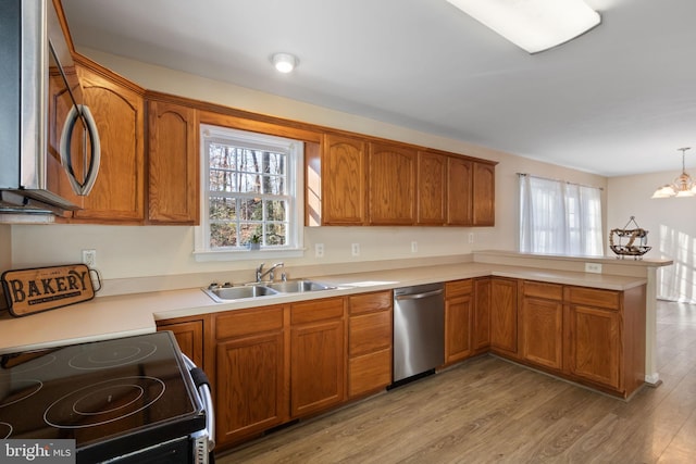 kitchen with stainless steel appliances, light hardwood / wood-style flooring, plenty of natural light, and sink