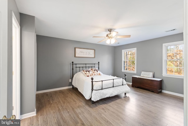 bedroom featuring ceiling fan and wood-type flooring