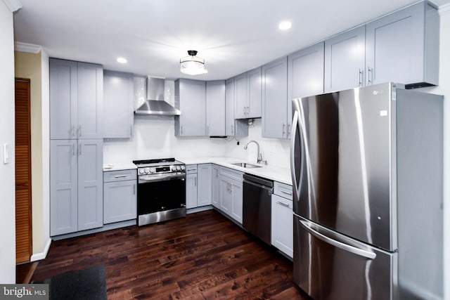 kitchen featuring wall chimney exhaust hood, stainless steel appliances, dark wood-type flooring, sink, and gray cabinets