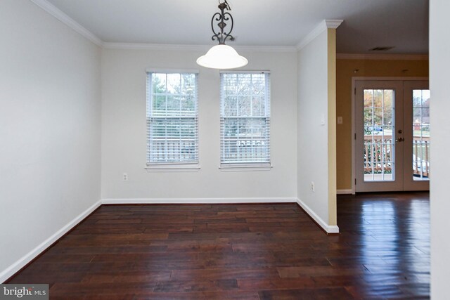 unfurnished dining area featuring french doors, plenty of natural light, and dark wood-type flooring