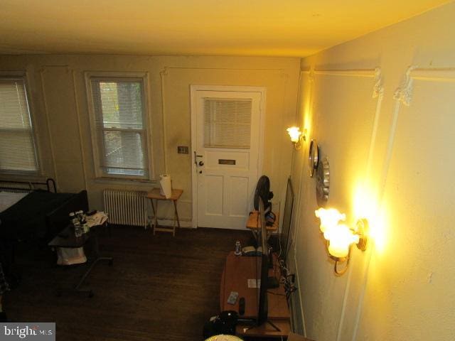 interior space with dark hardwood / wood-style floors and radiator