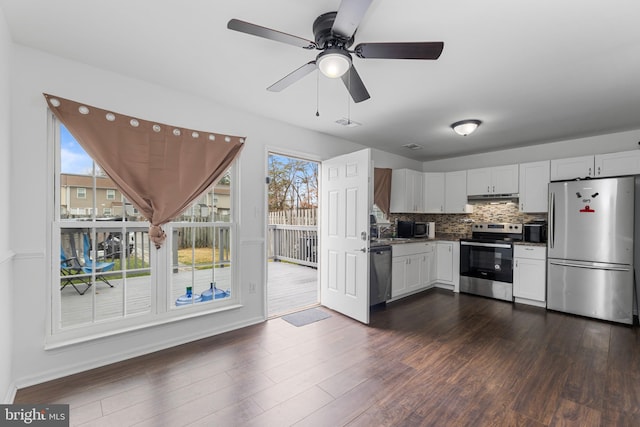 kitchen with backsplash, white cabinets, dark hardwood / wood-style floors, appliances with stainless steel finishes, and plenty of natural light