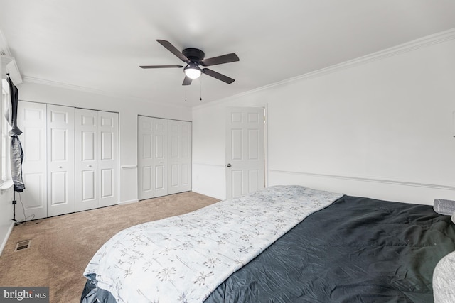 bedroom featuring ceiling fan, carpet floors, crown molding, and two closets