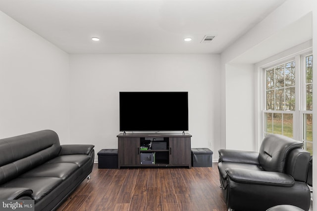 living room with dark hardwood / wood-style flooring