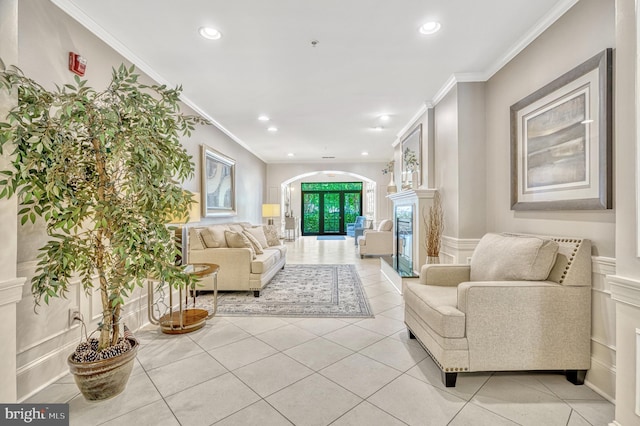 tiled living room with crown molding