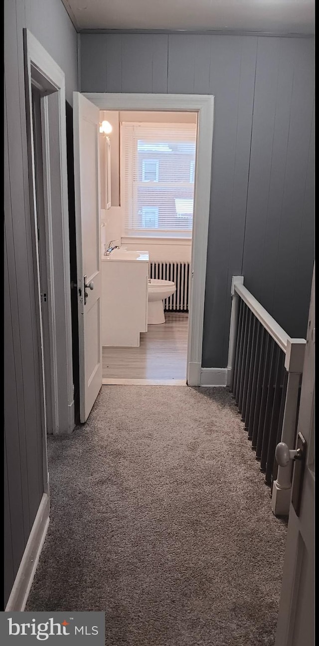 hallway with carpet, wooden walls, and radiator