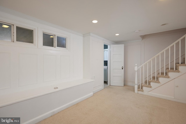 526 Powhatan Pl NW, Washington, DC 20011 - basement featuring carpet flooring, stairway, recessed lighting, baseboards, and crown molding