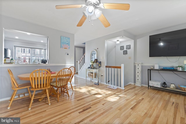 dining space featuring ceiling fan and light hardwood / wood-style floors