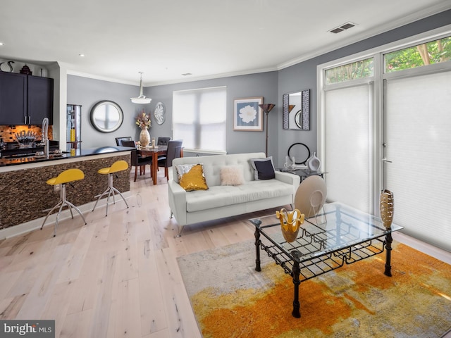 living room featuring ornamental molding and light hardwood / wood-style flooring