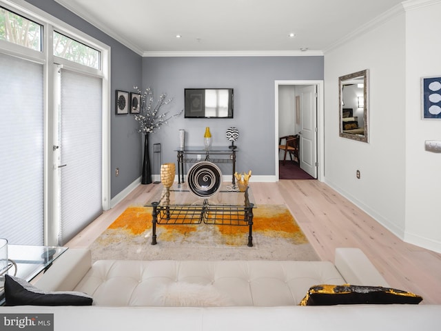 living room with light hardwood / wood-style floors and ornamental molding