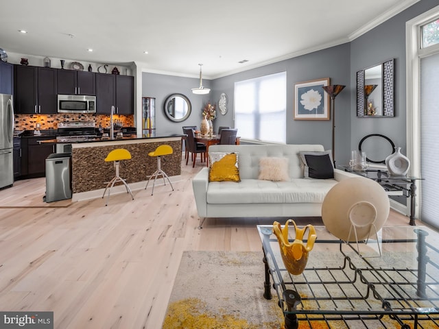 living room featuring light wood-type flooring and crown molding