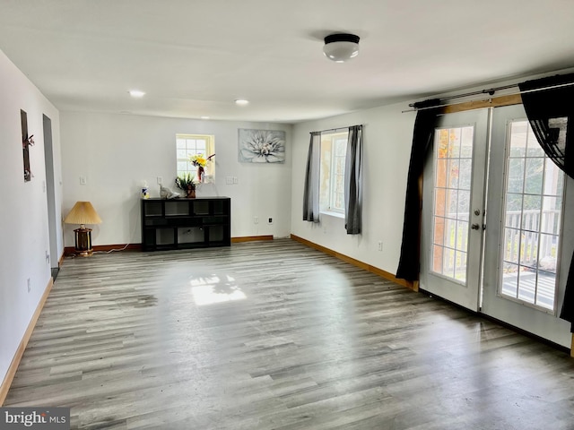 interior space with wood-type flooring and french doors