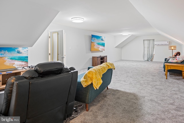 interior space with a wall mounted AC, carpet floors, and lofted ceiling