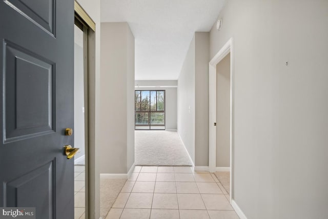 hallway with light colored carpet