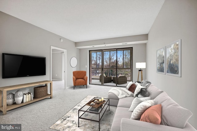 carpeted living room featuring a textured ceiling