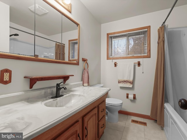 full bathroom with shower / bathtub combination with curtain, tile patterned flooring, vanity, and toilet