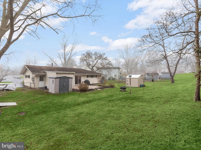 view of yard featuring a patio and a shed