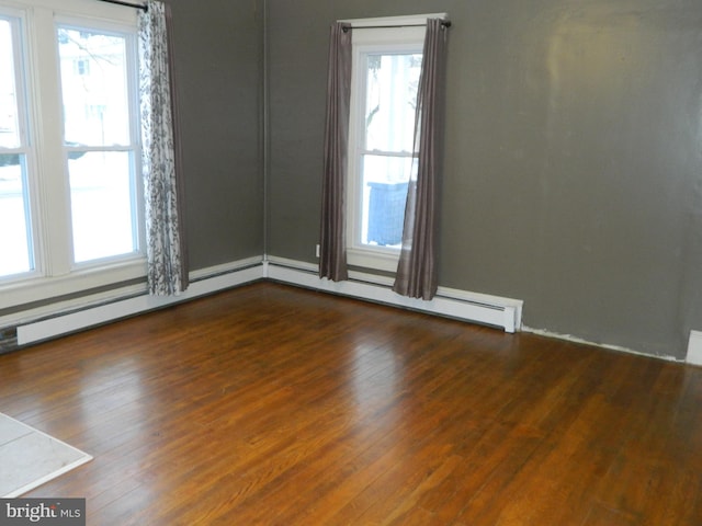 empty room with dark wood-type flooring and a baseboard radiator