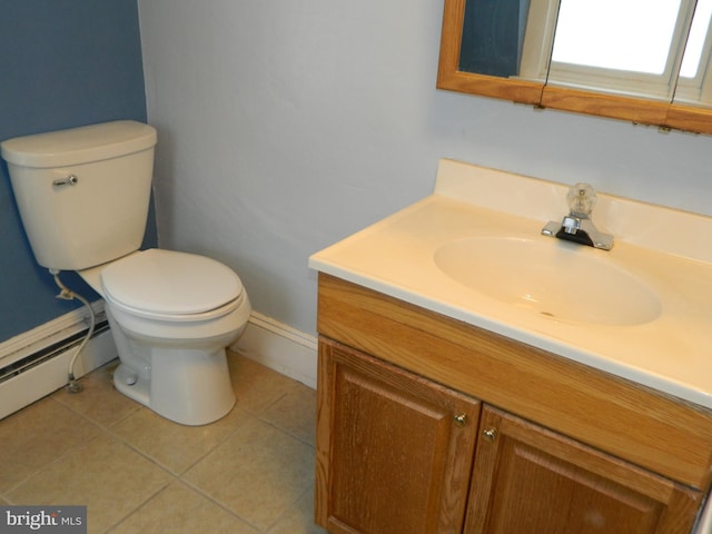 bathroom with tile patterned flooring, vanity, toilet, and a baseboard radiator