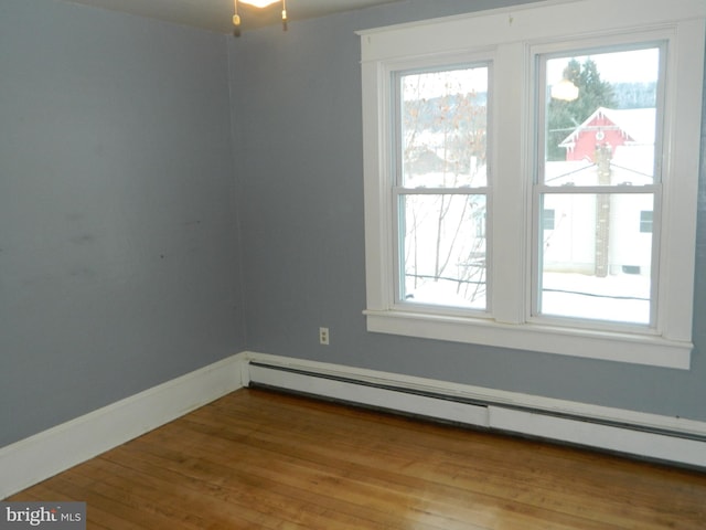 unfurnished room with hardwood / wood-style floors and a baseboard radiator