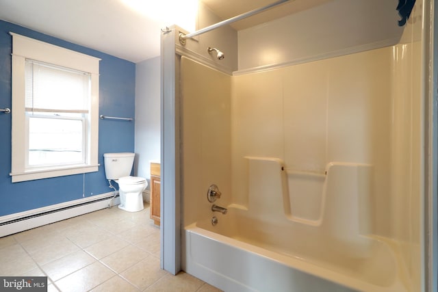 full bathroom featuring tile patterned flooring, a baseboard heating unit, toilet, shower / washtub combination, and vanity