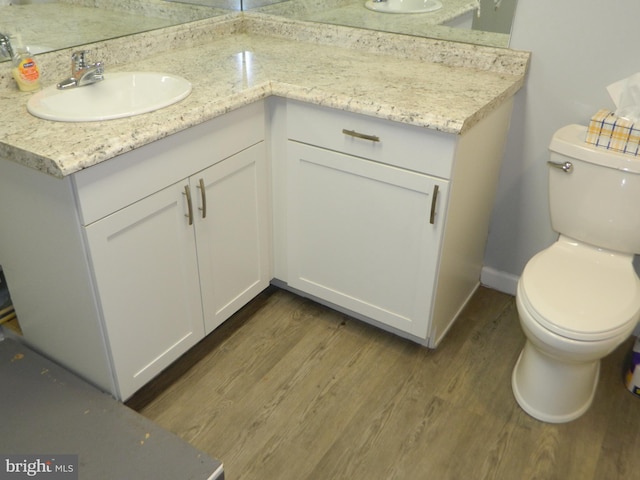 bathroom with vanity, toilet, and wood-type flooring