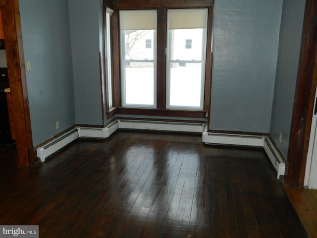 unfurnished room featuring dark hardwood / wood-style floors and baseboard heating