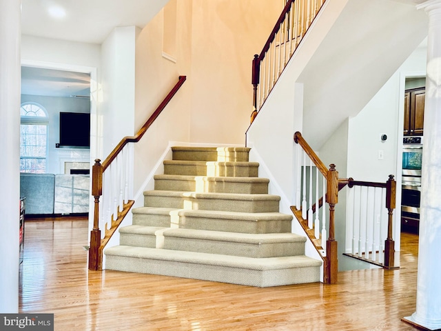 stairway with hardwood / wood-style flooring