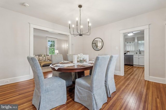1411 W St, Annapolis, MD 21401 - dining space featuring a chandelier, wood-type flooring, and baseboards