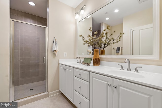 bathroom featuring vanity, a shower with door, and tile patterned floors