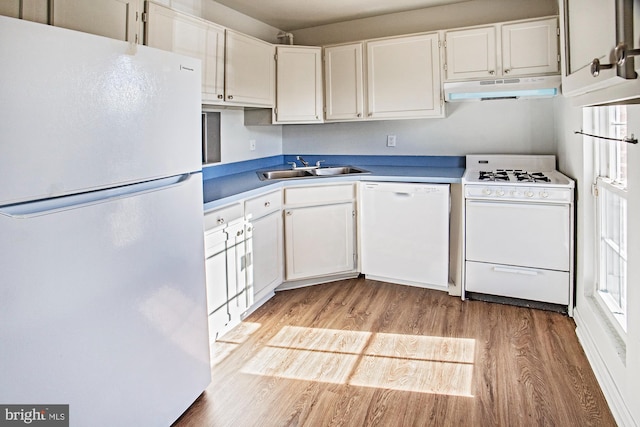 kitchen with white cabinetry, light wood-type flooring, white appliances, and sink