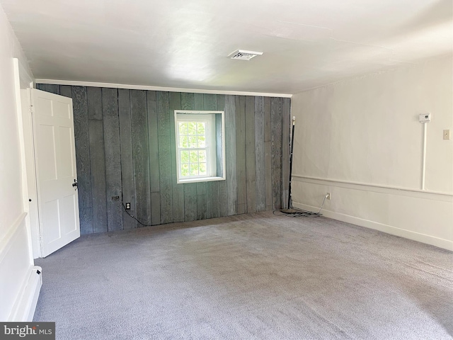 empty room featuring carpet flooring and wood walls