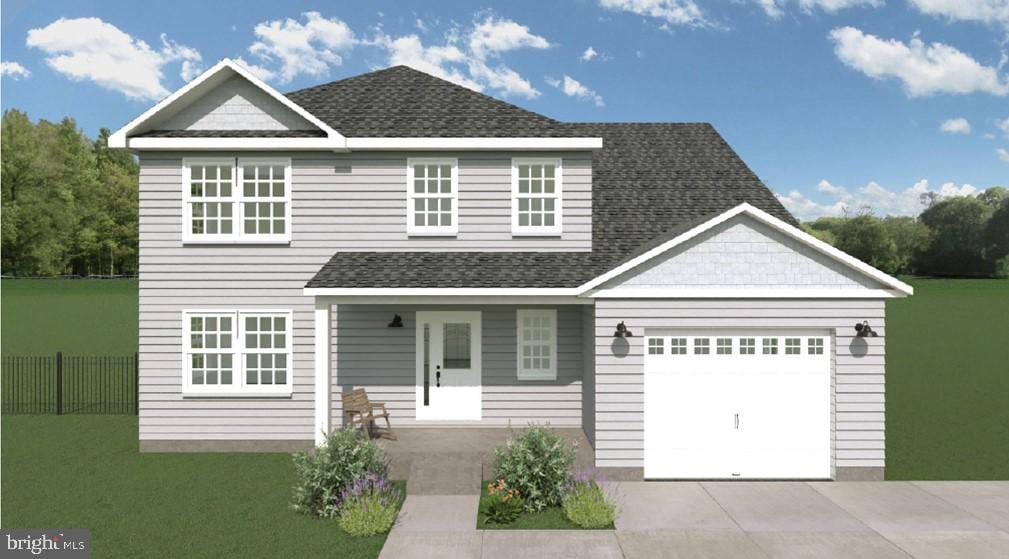 view of front of home featuring a front lawn, a porch, and a garage