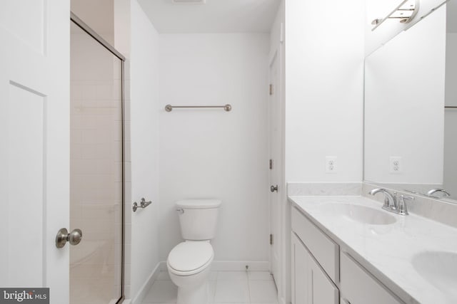 bathroom with tile patterned floors, vanity, toilet, and an enclosed shower