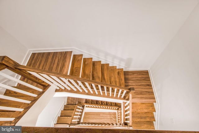 staircase with hardwood / wood-style floors