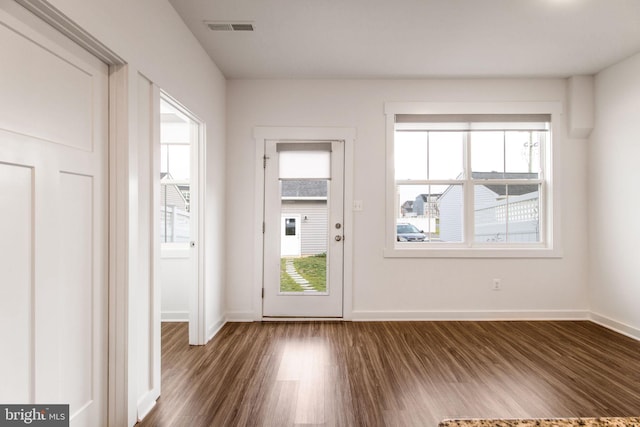 doorway with dark hardwood / wood-style flooring and a healthy amount of sunlight