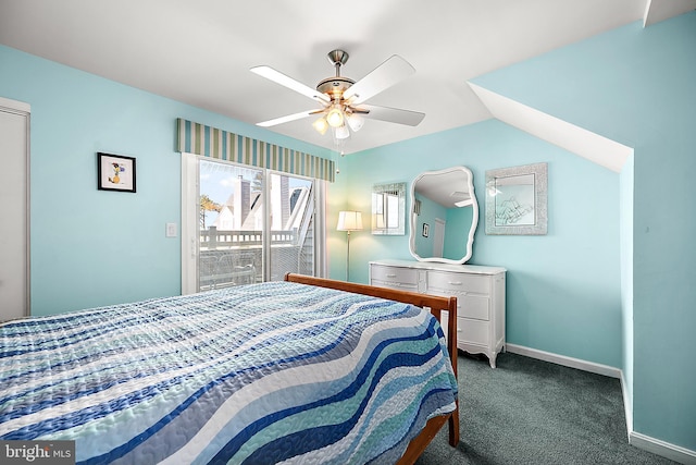 carpeted bedroom with access to exterior, ceiling fan, and lofted ceiling