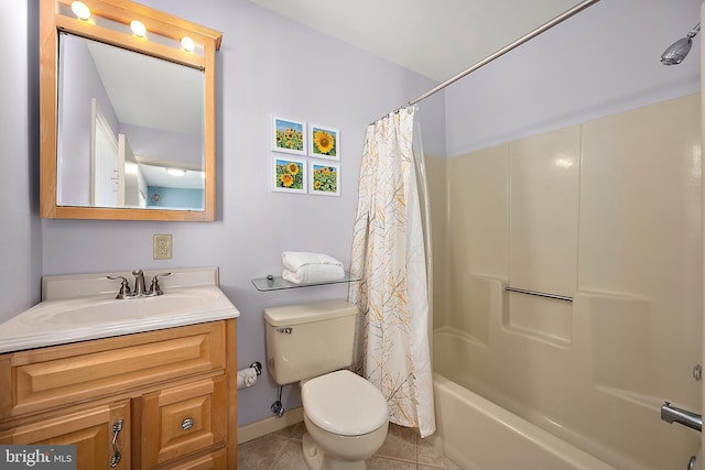 full bathroom with tile patterned floors, vanity, shower / tub combo, and toilet