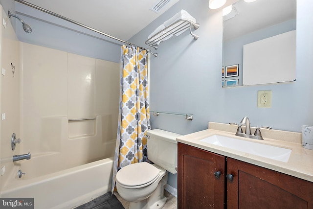 full bathroom featuring shower / tub combo, vanity, and toilet