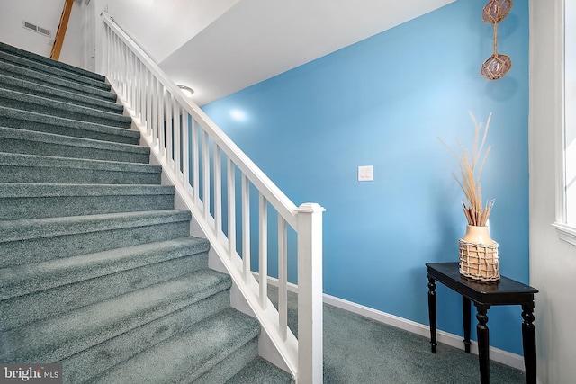 stairway featuring carpet flooring