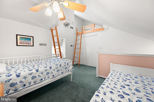 carpeted bedroom featuring ceiling fan and lofted ceiling