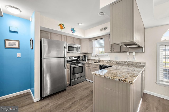 kitchen with kitchen peninsula, stainless steel appliances, dark wood-type flooring, and sink