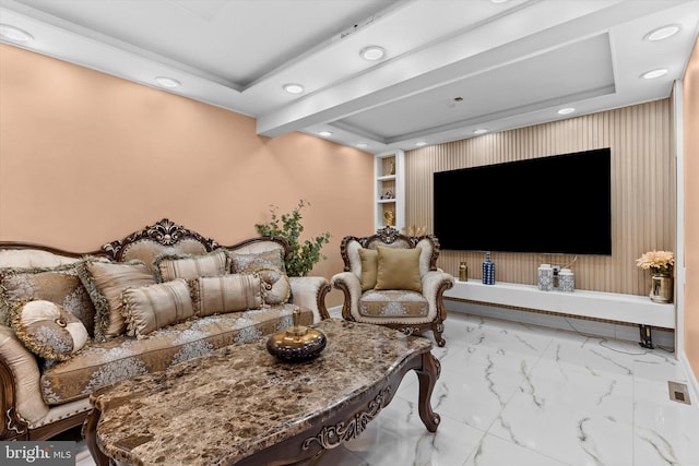 living room with a tray ceiling