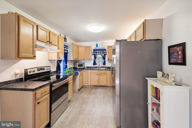 kitchen with sink, light brown cabinets, and appliances with stainless steel finishes