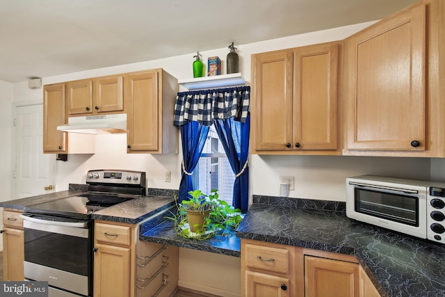 kitchen with stainless steel electric stove and light brown cabinets